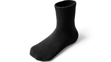 A  bright black  wool sock neatly laid flat on a clean white background, forming a soft L-shape.