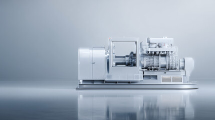 A detailed view of a modern industrial generator in a clean environment.