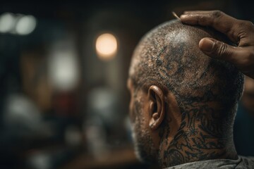 Obraz premium A detailed close-up of a tattooed man's head at a barber shop, with a barber's hand checking the hairline and blurred background, barber shop scene.