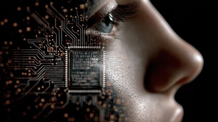 Electronic circuit board merging with human face in profile view, symbolizing artificial intelligence, technological advancement, and the fusion of man and machine