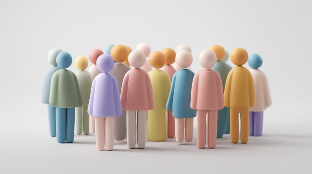 Minimalist 3d figures clustering, representing diverse community, embodying teamwork, collaboration, unity through soft pastel color palette