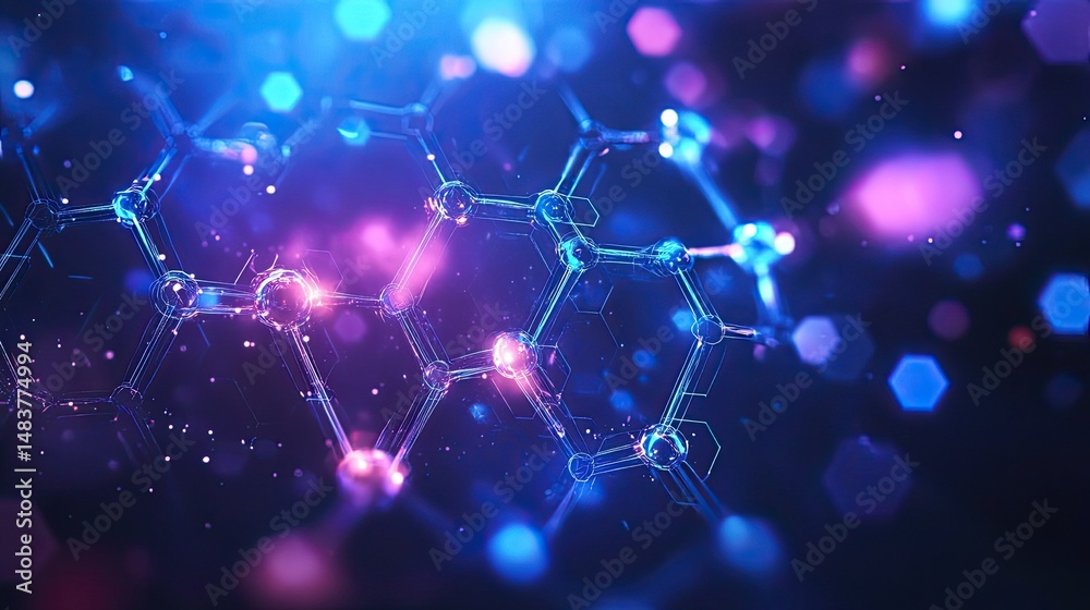 Wall mural molecular structure with glowing nodes and hexagonal shapes in a dark blue and purple background
