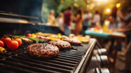 Grilling burgers and vegetables at a summer barbecue, people are gathered for food and fun, enjoying each other's company.