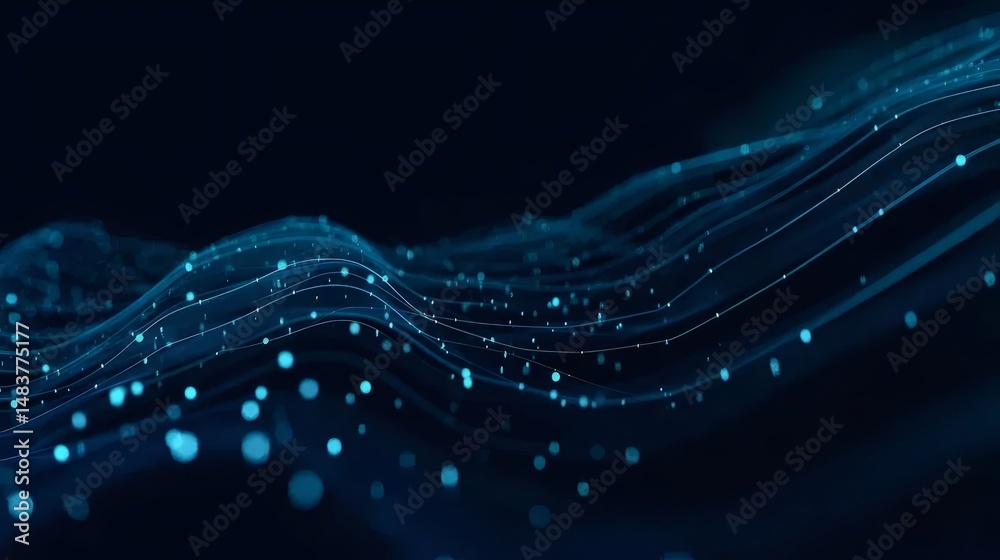 Aufkleber 青色の曲線と輝く粒子で構成された抽象的なデジタルネットワーク背景デザイン