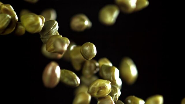 Salty capers fly up and fall down. Filmed on a high-speed camera at 1000 fps. High quality FullHD footage