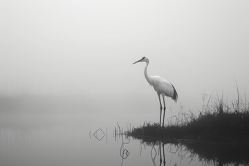 Fototapeta premium A stoic crane standing tall amidst a misty marshland.