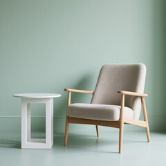Comfortable armchair and sleek modern side table, minimal interior design