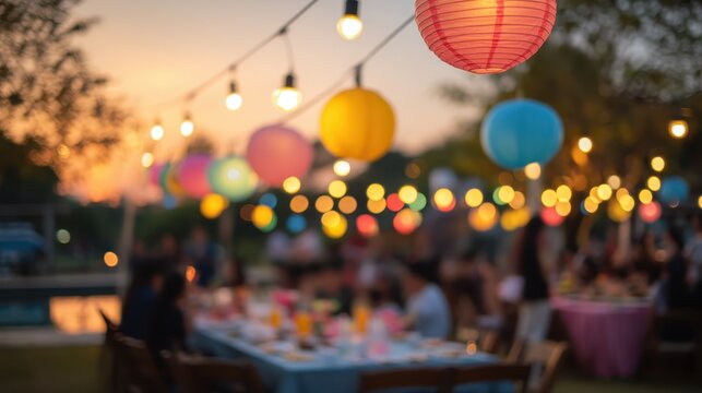 Blurred image of a festive outdoor party with colorful paper lanterns glowing at sunset, creating a warm and inviting ambiance as people gather to celebrate
