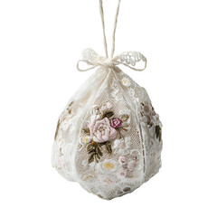 A teabag made of lace with floral embroidery, elegant twist on everyday object, ultra-detailed on white.