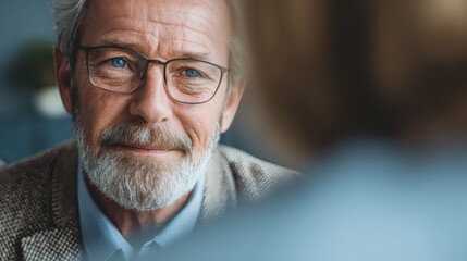 An elderly man, with blue eyes and glasses, is seen looking towards a person just out of focus, seeming to be in deep conversation.