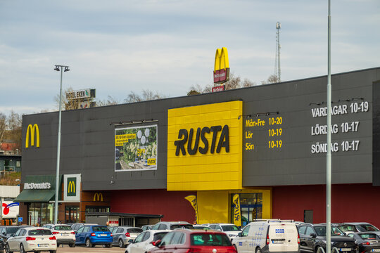 M&ouml;lndal, Sweden - April 10 2025: Large Shopping Center With Rusta And McDonalds Signage.