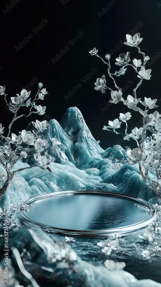 Aufkleber 穏やかな青い水面が光る山の風景と白い花が咲く木の枝が背景に静寂な雰囲気を作り出す
