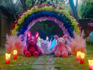 Colorful archway decorated with flowers and feathers, teddy bears sit beneath