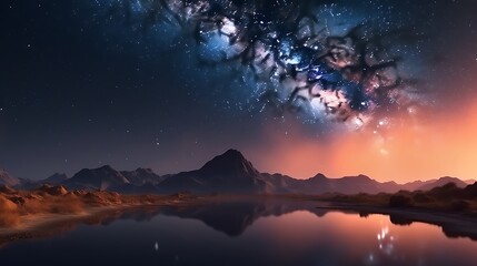 Fototapeta premium Night landscape with Milky Way and lake.