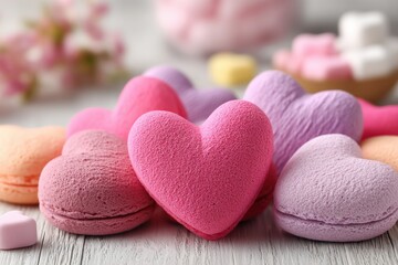 Obraz premium A charming close-up showcasing heart-shaped pink macarons on a wooden surface, perfect for Valentine's Day themes, highlighting love, affection, and sweet treats.