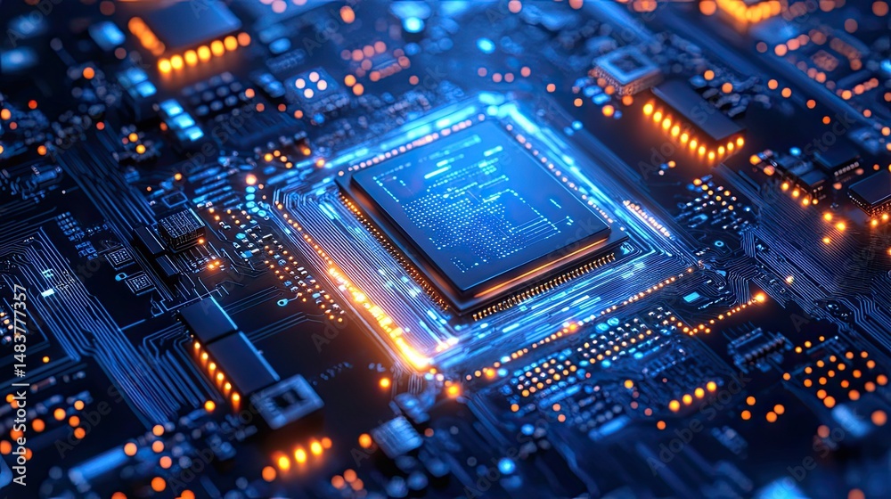 Wall mural close up of a computer chip with blue and orange lighting on a circuit board technology background