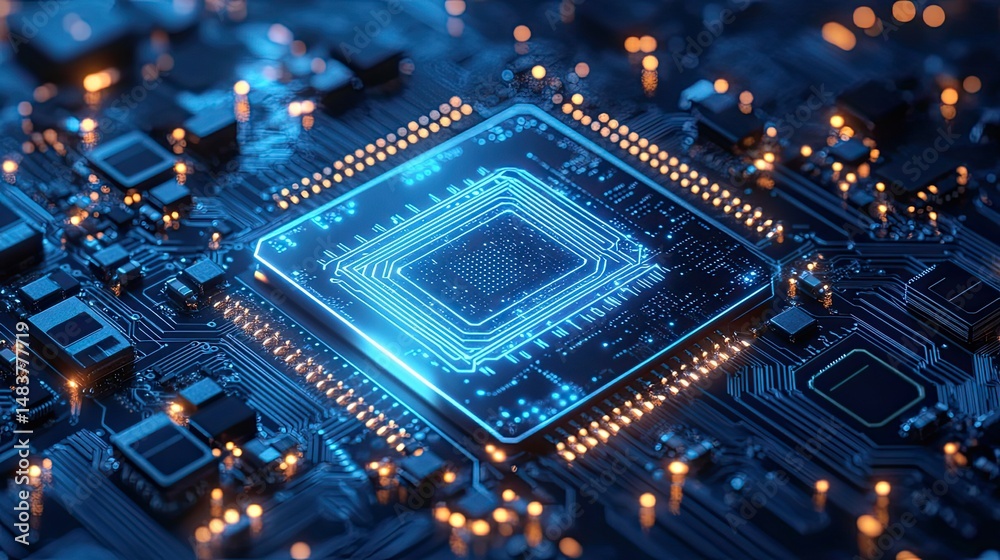 Wall mural close up of a glowing blue computer chip on a circuit board with orange lights and dark background