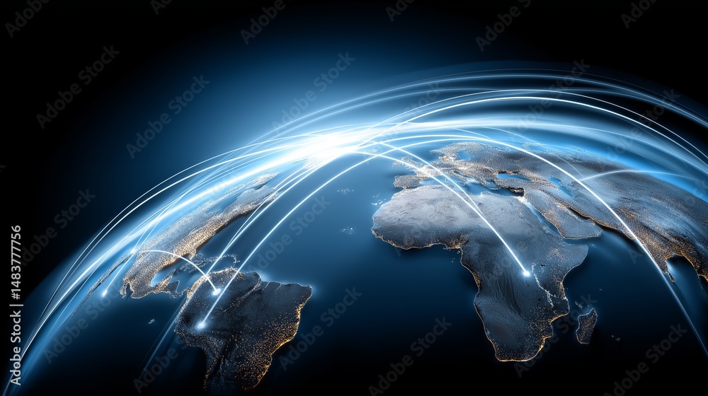 Poster Futuristic world map with glowing data lines representing global communication and data exchange across continents, Generative AI