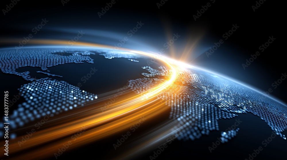 Poster Global digital map representing interconnected world with glowing network lines showing data exchange and communication paths, Generative AI