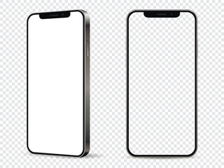 Mockup of mobile phone. Front and side view with white and empty screen on transparent background.