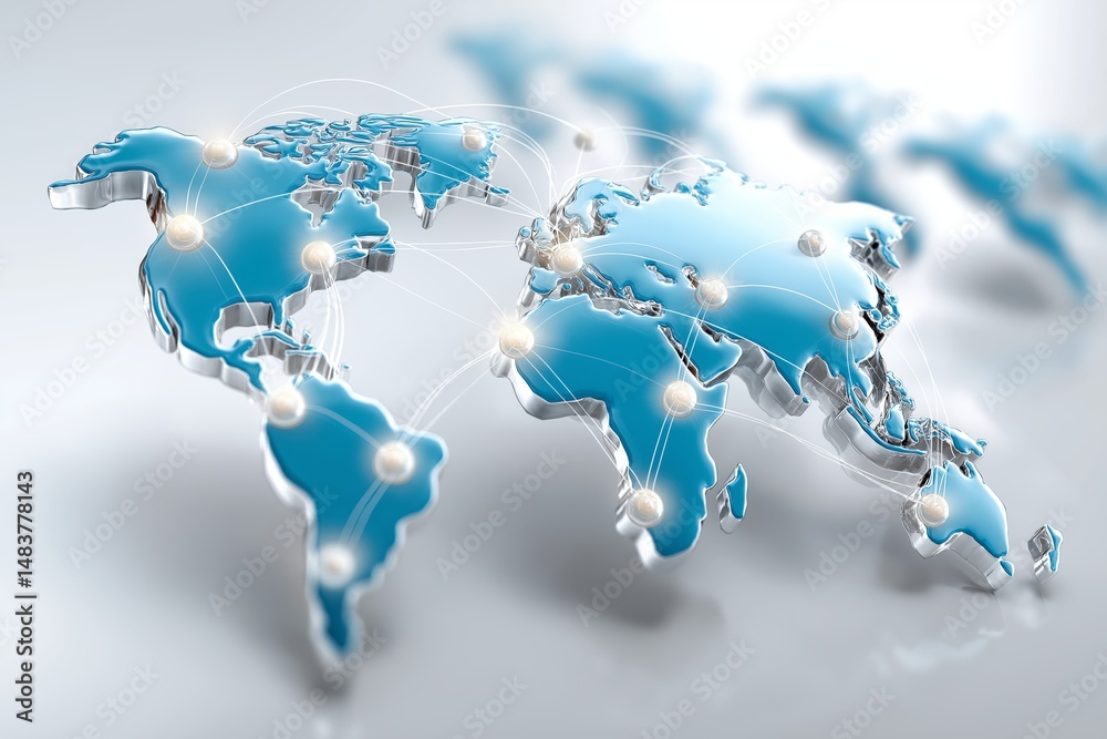 Poster Blue Digital World Map with Glowing Network Connections Representing Global Data and Technology, Generative AI