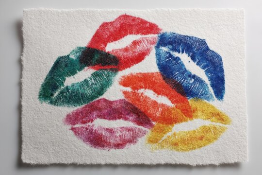 A colorful array of lipstick prints, showcasing a vibrant spectrum of shades, creating an artistic and playful impression on textured white paper.