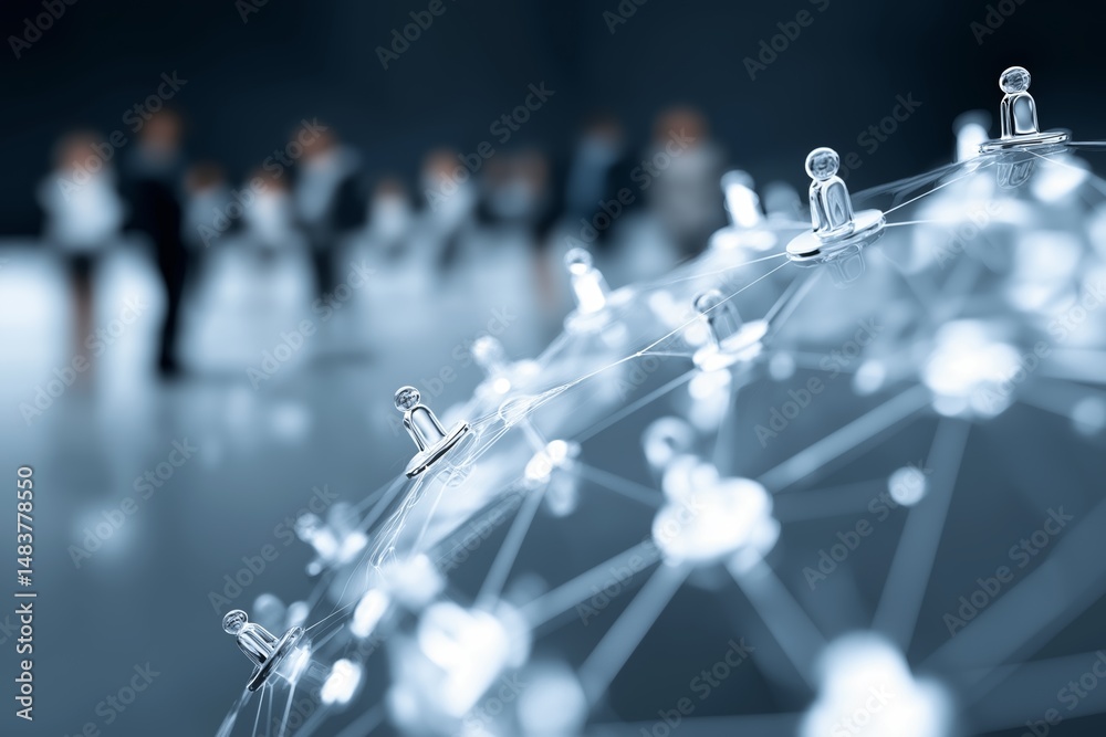 Aufkleber Global sphere with user icons connected by network grid representing social communication, digital structure and workforce connectivity, Generative AI