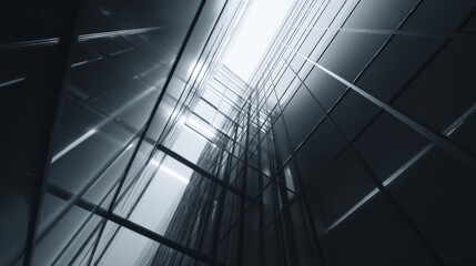 Fototapeta premium A modern skyscraper captured from below, showcasing intricate glass and steel design.