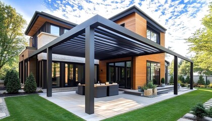 Naklejka premium Modern House with Outdoor Pergola and Garden