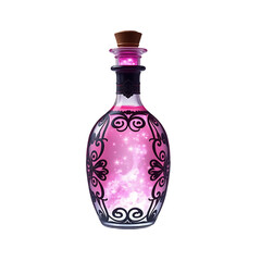 Magic potion bottle with glowing pink liquid, fantasy object png on transparent background.