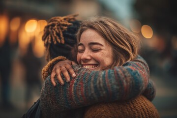 A heartwarming embrace between two friends, a joyful moment of connection and happiness, with a smiling woman and a blurred background, creating a sense of warmth.
