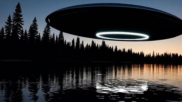 Futuristic UFO hovering over a lake at sunset, creating a mysterious sci-fi ambiance.