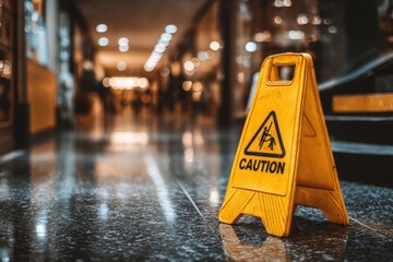 A vibrant yellow caution sign, placed prominently on a shiny marble floor, indicating a potential hazard due to a slippery surface, inside a busy shopping mall or building.