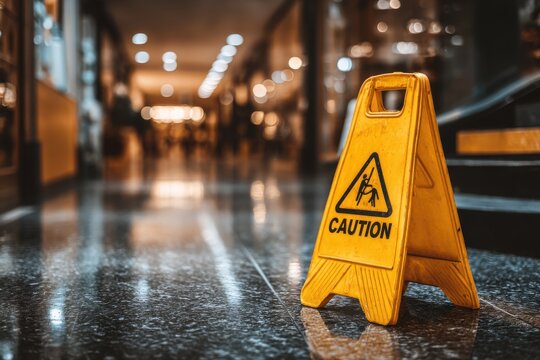 A vibrant yellow caution sign, placed prominently on a shiny marble floor, indicating a potential hazard due to a slippery surface, inside a busy shopping mall or building.