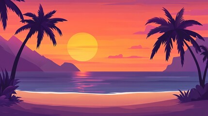 A serene beach scene at sunset with vibrant colors and silhouettes of palm trees, perfect for travel brochures, relaxation themes, or summer promotions,