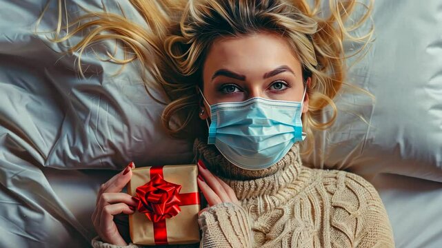 A woman is laying on a bed with a red ribbon tied around a box. She is wearing a mask and holding a present. Concept of caution and care, as the woman is taking precautions to protect herself