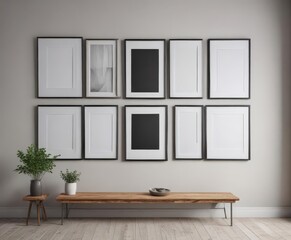 Empty frames on minimalist gallery wall, modern home,  white walls,  interior mockups,  home styling