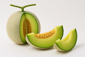 A green melon with a small hole in the middle. The melon is cut into three pieces