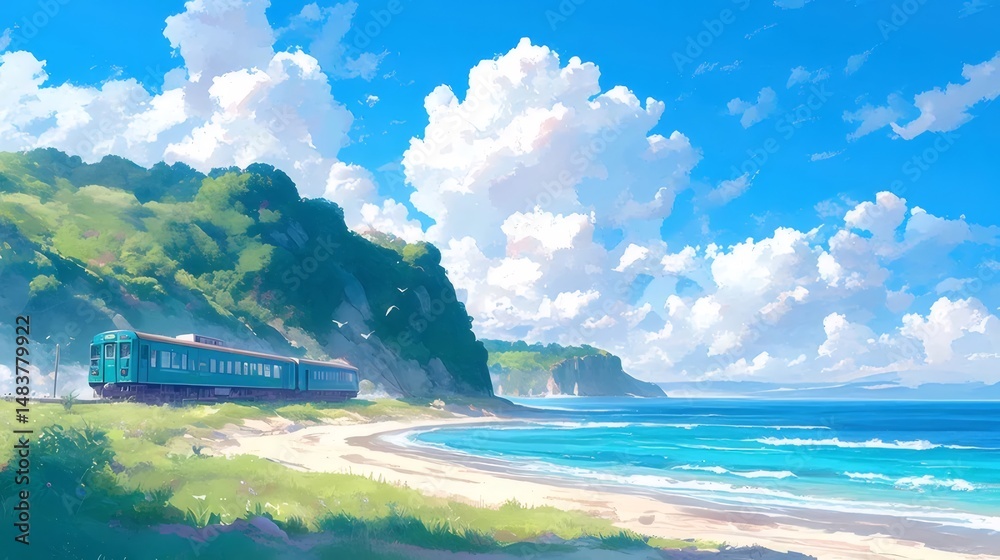 Poster 夏の日の青い空と白い雲の下を走る列車のあるアニメ風海岸風景 海と緑の崖と青い列車が特徴的な美しいリゾート地の旅行写真