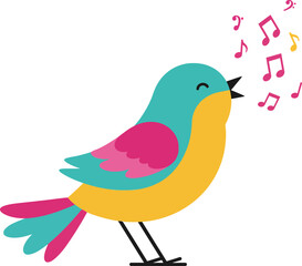 Obraz premium Colorful singing bird with blue, yellow, and pink feathers vector illustration with music notes in simple style 