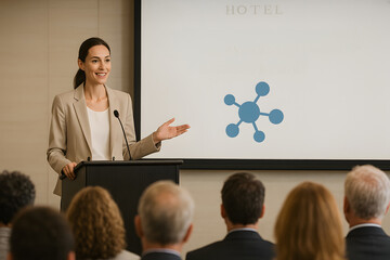 A woman is giving a presentation in front of a large audience