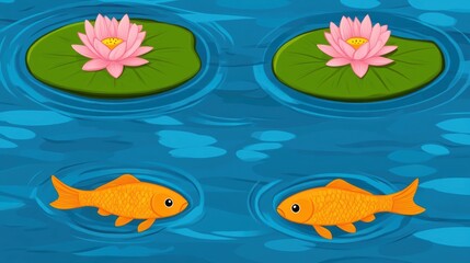 Fototapeta premium A serene water scene featuring colorful koi fish swimming near vibrant lily pads and pink blossoms, ideal for nature-related projects, wellness materials, or calming backgrounds,