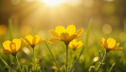 Obraz premium Beautiful close-up of yellow flowers in sunlight, vibrant nature scene, soft bokeh background, copy space