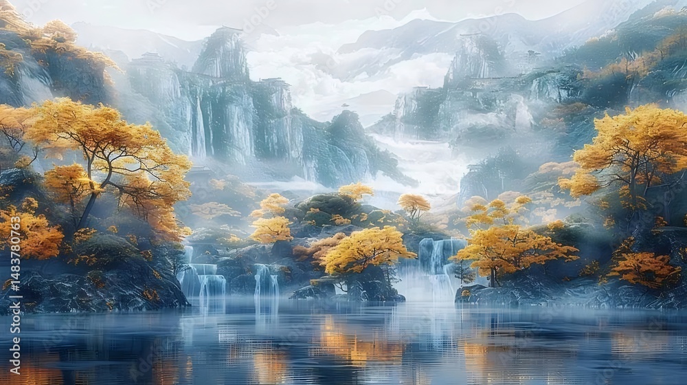 Poster 黄金の木々と山の風景 霧がかった背景と湖面に反射する自然 秋の山の美しさを捉えたデジタルアート