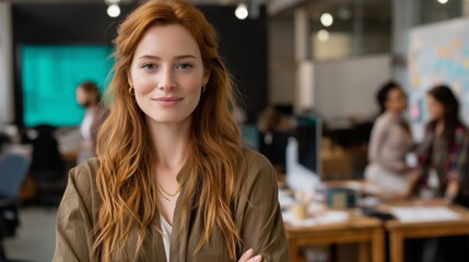 Fototapeta premium Confident professional woman poses in modern office environment during work hours with team members collaborating in the background