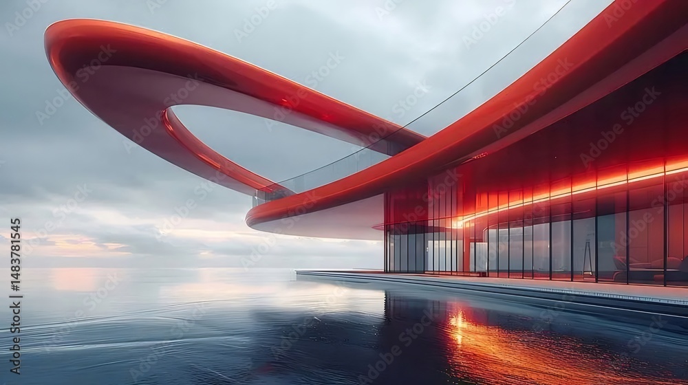 Poster 未来的な赤い建築構造 海に浮かぶモダンな建物 ガラス張りのデザインと曲線的な外観 夕暮れの空と水面の反射