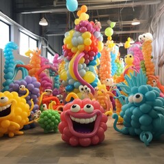 Whimsical Balloon Creations: A fantastical array of brightly colored balloon creatures fills a spacious interior. Each unique sculpture bursts with personality and charm.