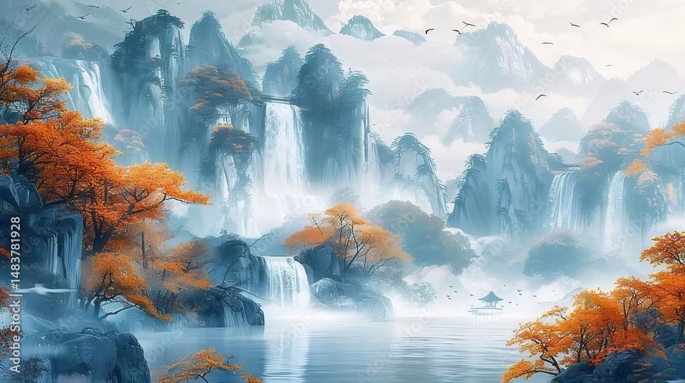 Aufkleber 穏やかな滝の山と水と鮮やかな紅葉が霞に包まれた背景絵画の様な日本の風景