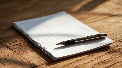 Notepad and Pen on Wooden Surface: A simple setup for jotting down notes or creative writing. The lighting gives the scene a warm feel.