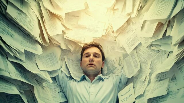 A man overwhelmed by paperwork, embodying stress and pressure in a chaotic environment filled with documents.